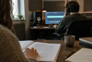 Candid audio studio session linking an annotated manuscript with waveform editing and voice recording.