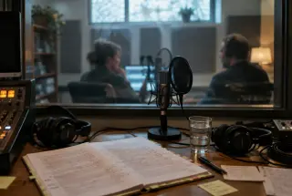 A candid audiobook studio comparison with annotated pages, headphones, and two blurred readers behind the control-room glass.